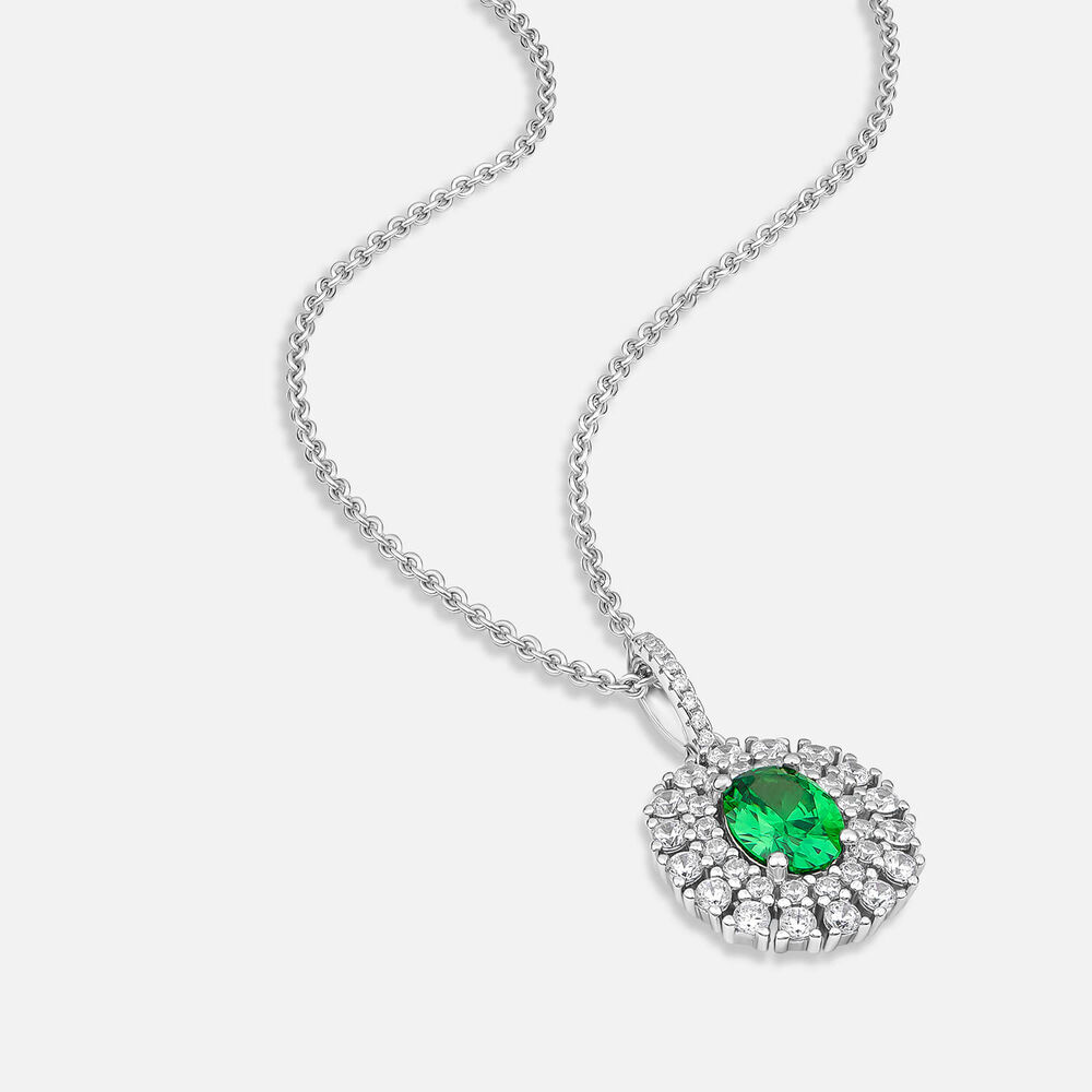 Sterling Silver Green & White Cubic Zirconia Double Halo Pendant