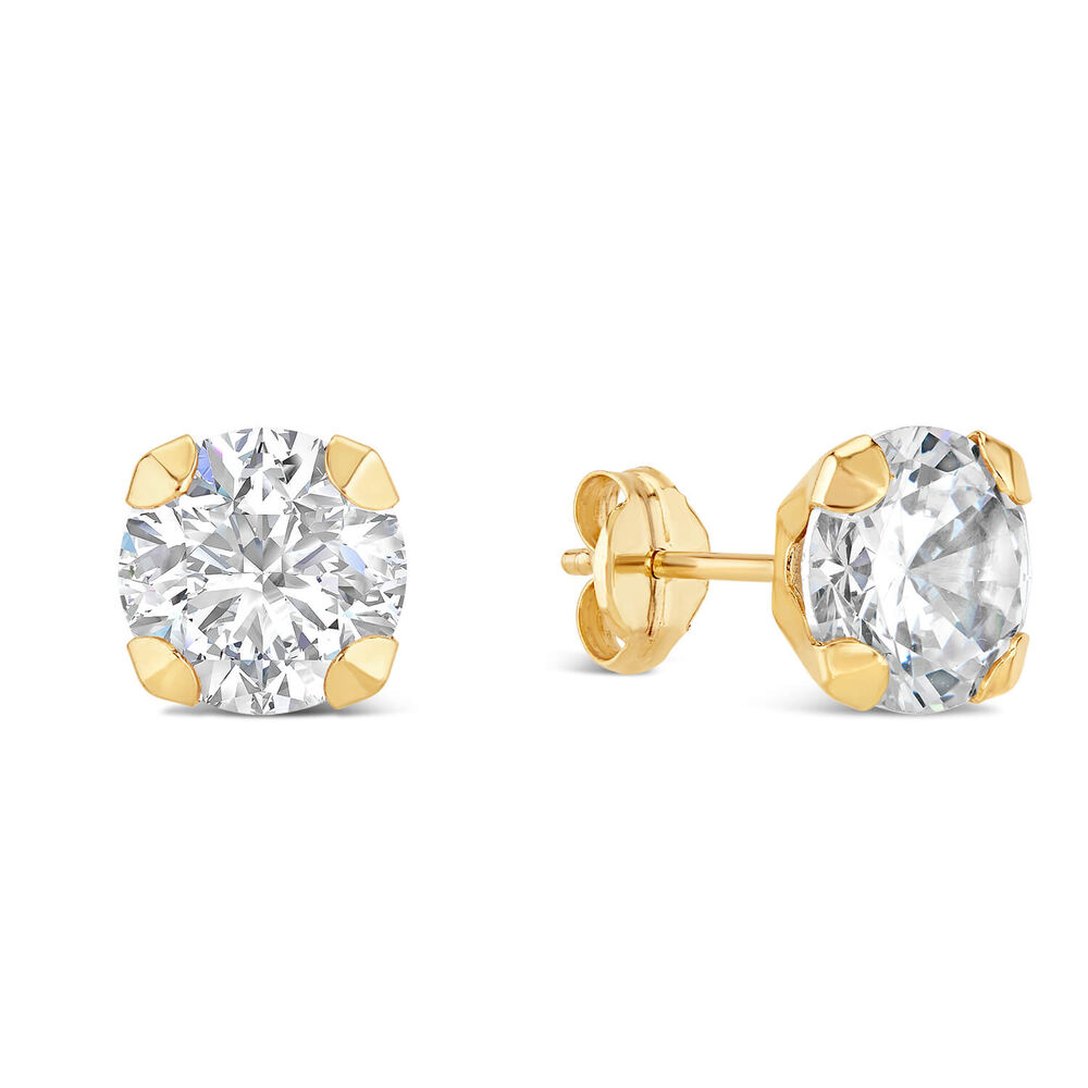 9ct Yellow Gold 7mm Four Claw Cubic Zirconia Stud Earrings image number 3