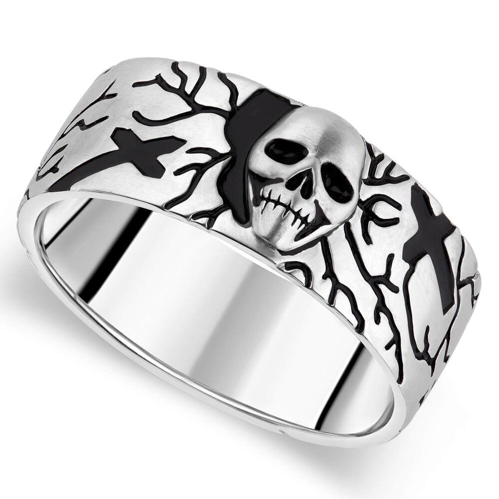 Sterling Silver Rhodium Plated 9.3mm Skull and Cross Men's Ring image number 0