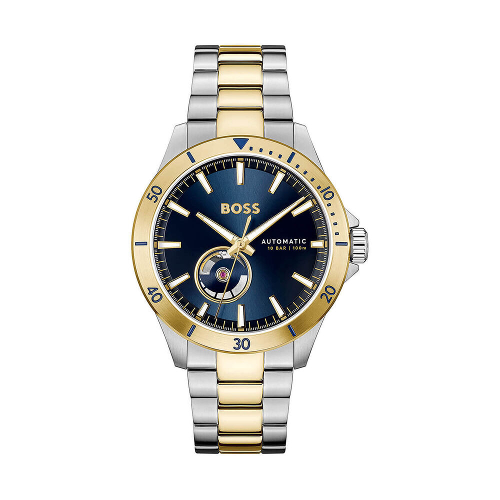 BOSS Troper Automatic 42mm Blue Open Heart Dial Two-Tone Steel Bracelet Watch