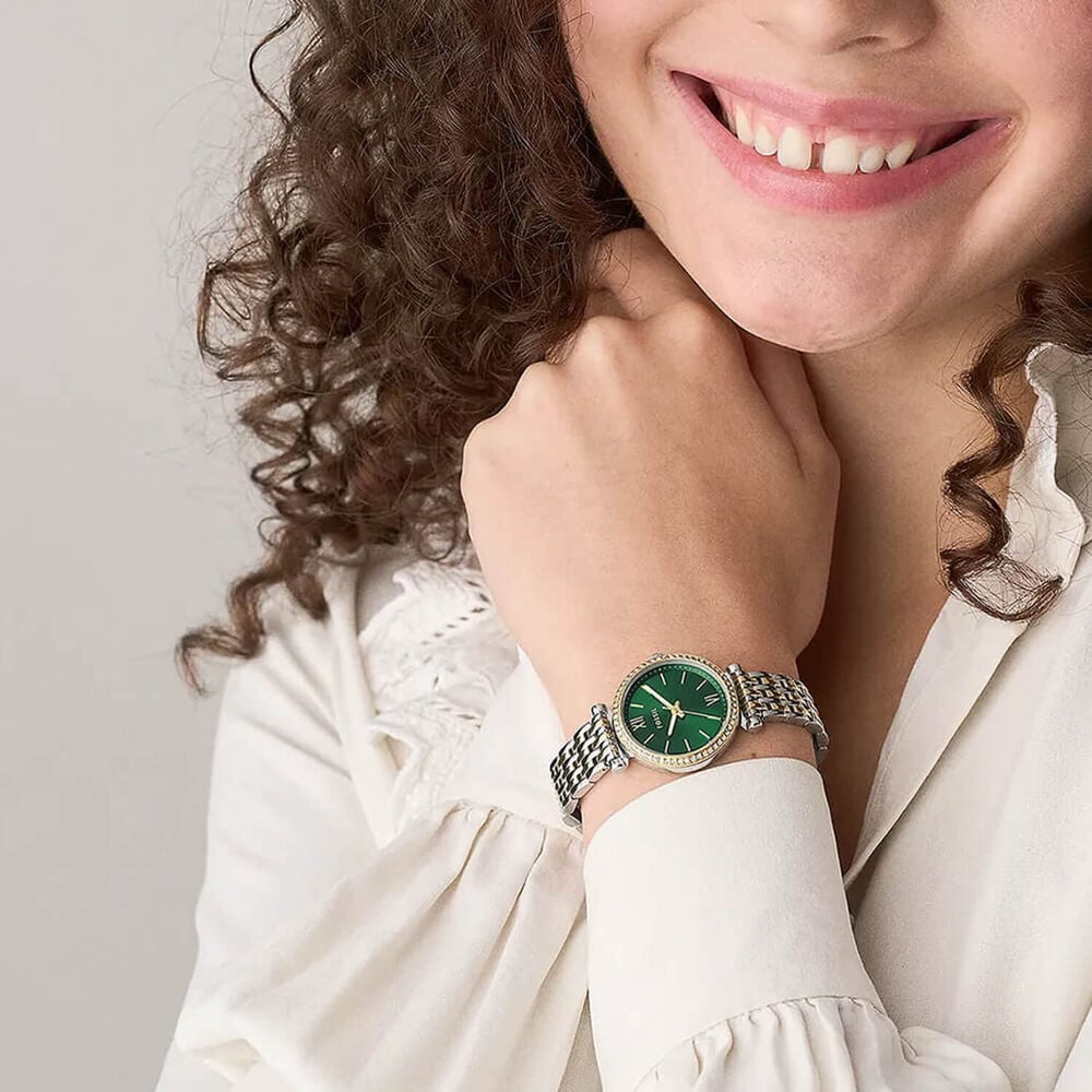 Fossil Carlie 28mm Green Dial Two Tone Stainless Steel Bracelet Watch image number 4
