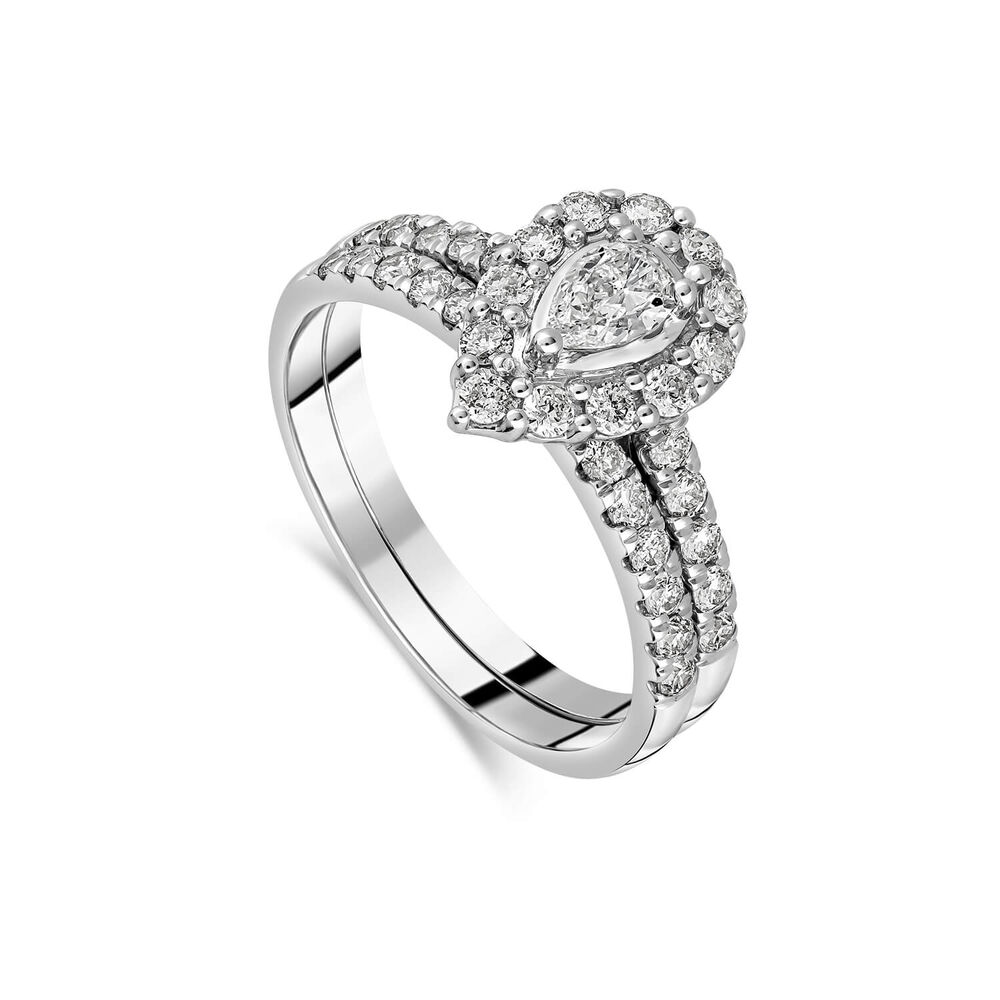 18ct White Gold With 1 Carat Pear Shaped Diamond Halo Cluster Stone Set Bridal Ring image number 0