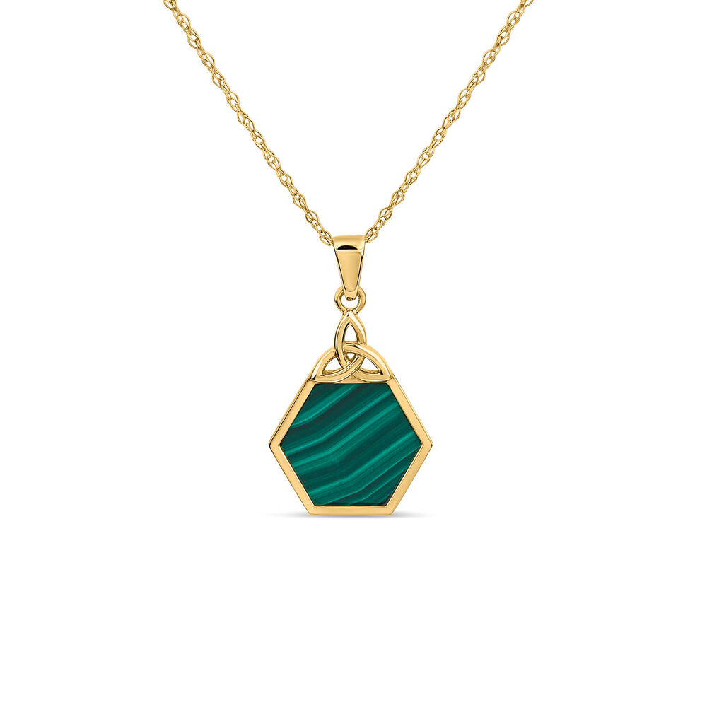 9ct Yellow Gold Green Malachite Trinity Knot Hexagon Pendant