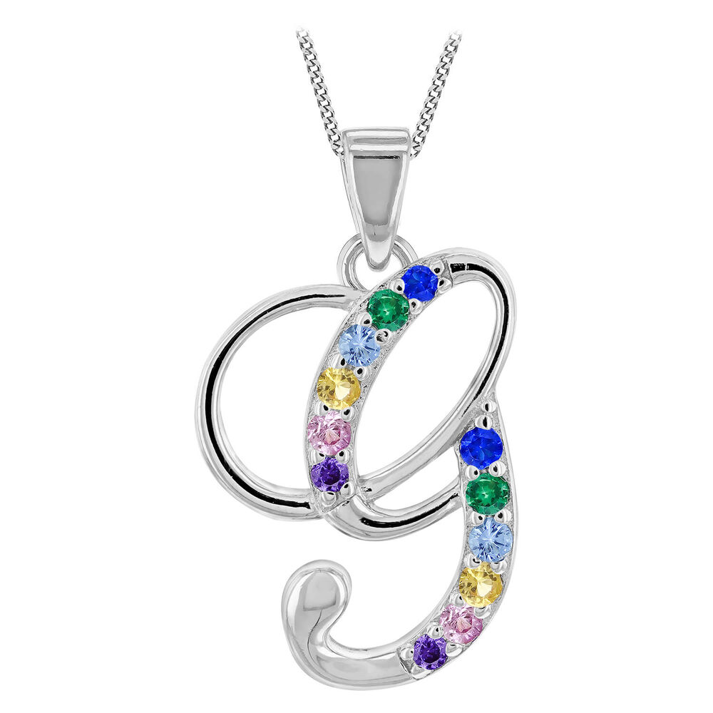 Sterling Silver Coloured Stone Set Initial "G" Pendant - Chain Included image number 0
