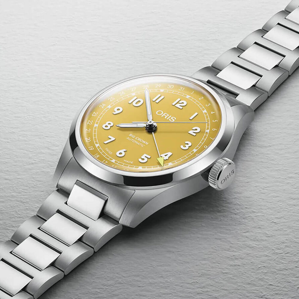 Oris Big Crown Pointer Date 40mm Yellow Dial Steel Bracelet Watch image number 3