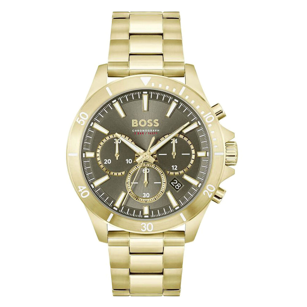 BOSS Troper 44mm Green Chronograph Dial Yellow Gold IP Bracelet Watch image number 0