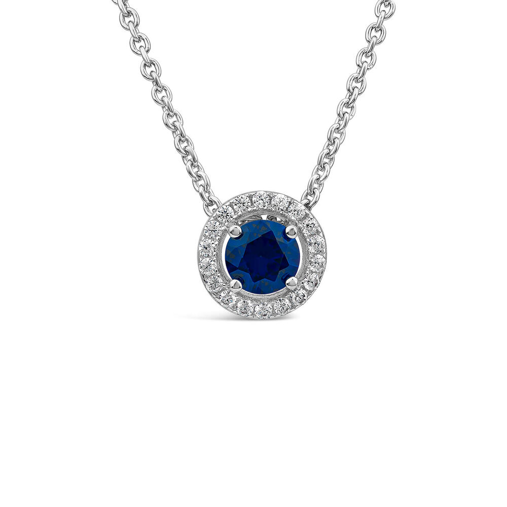 Sterling Silver Blue Centre Stone & Cubic Zirconia Halo Pendant image number 0