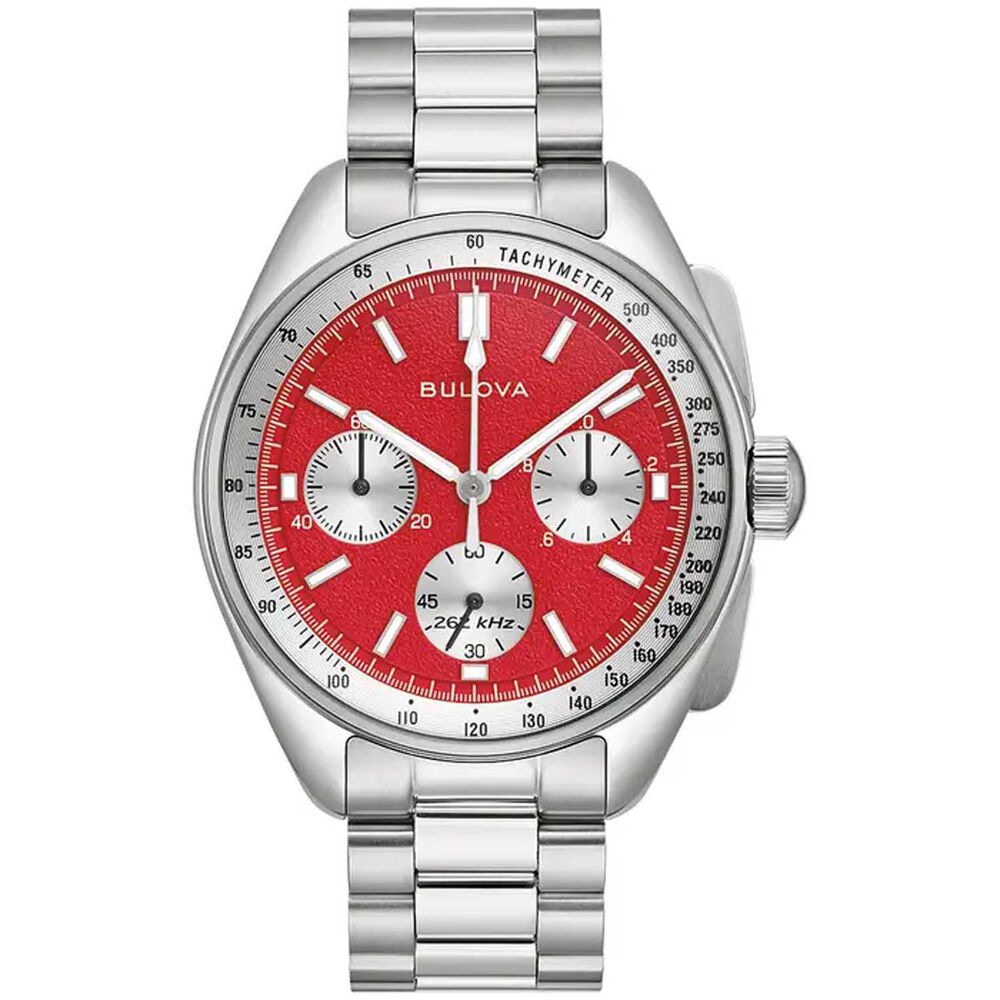 Bulova Lunar Pilot Chronograph Blood Moon 44mm Red Dial Steel Bracelet Watch image number 0