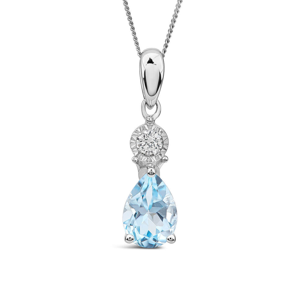9ct White Gold Blue Topaz & Pear Diamond Pendant image number 0