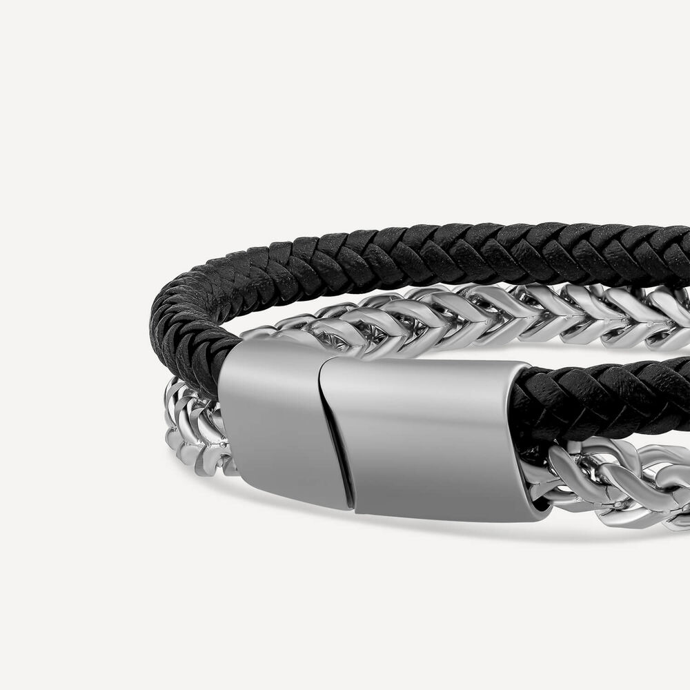 Mens's Black Leather & Steel Double Bracelet image number 3