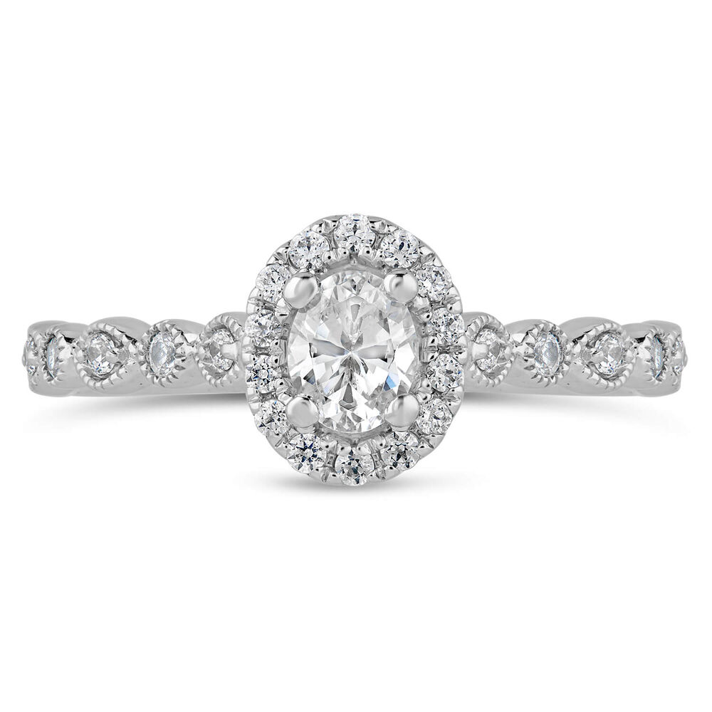 Kathy de Stafford 18ct White Gold "Freya" Vintage Oval Halo Pave Marquise Shoulders 0.50ct Ring