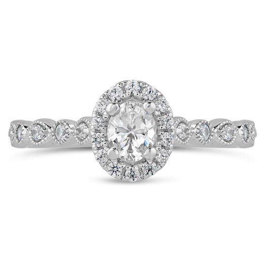 Kathy de Stafford 18ct White Gold "Freya" Vintage Oval Halo Pave Round Marquise Shoulders 0.50ct Ring