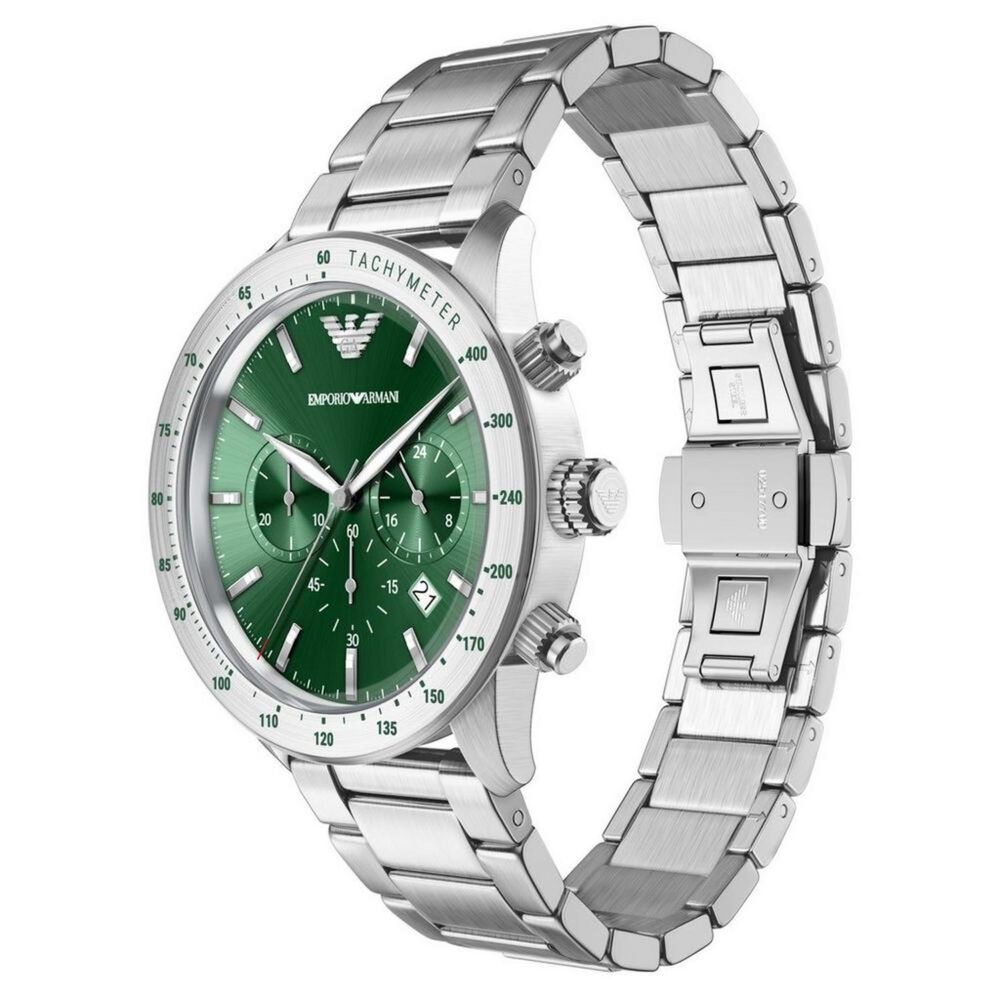 Emporio Armani 43mm Green Dial Stainless Steel Chronograph Watch & Bracelet Set