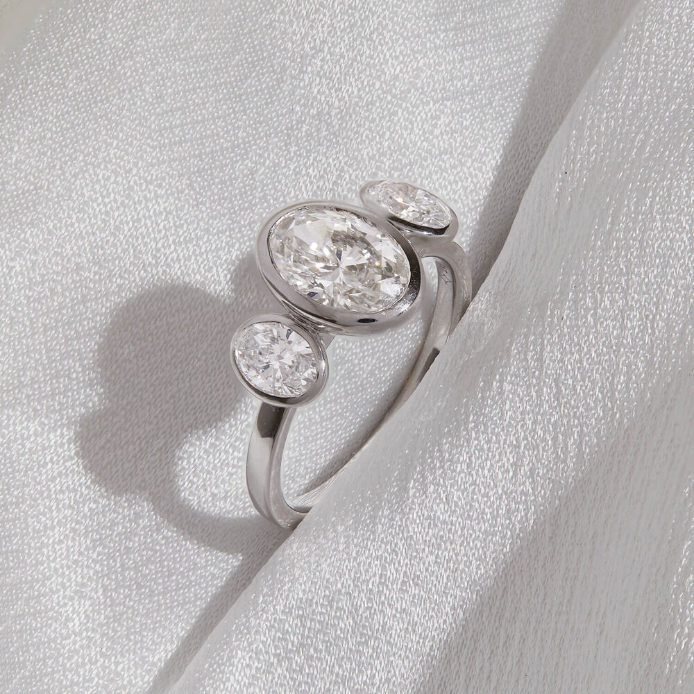 Born Platinum Lab Grown 2.80ct Oval Diamond Three Stone Bezel Set Ring