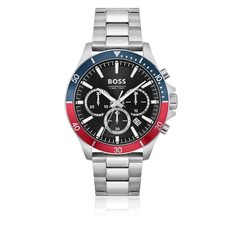 BOSS Troper 44mm Black Dial Chronograph Red & Blue Bezel Steel Bracelet Watch