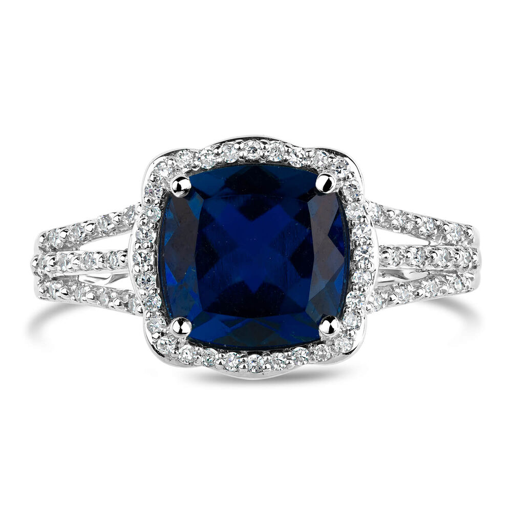 9ct White Gold 0.15ct Diamond and Created Sapphire Halo Ring image number 1