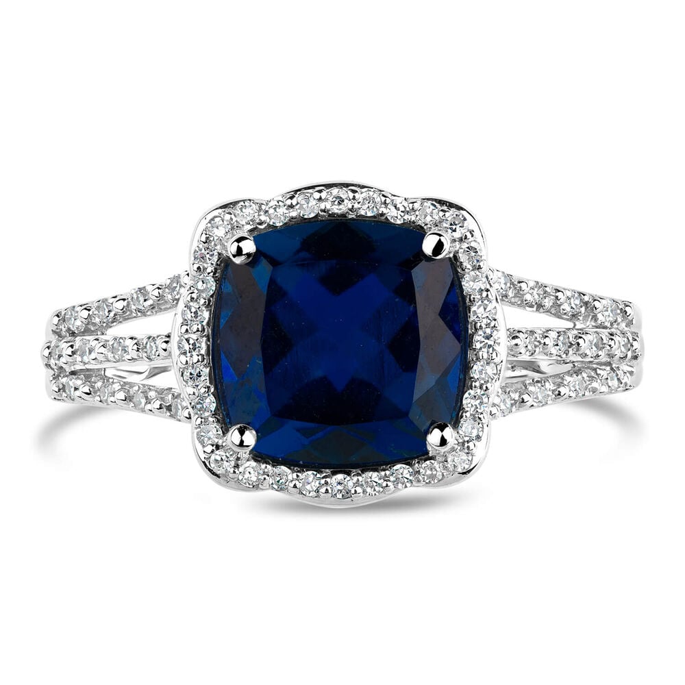 9ct White Gold 0.15ct Diamond and Created Sapphire Halo Ring