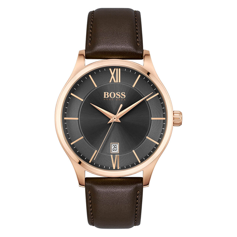 BOSS Elite 41mm Gray Dial Rose Gold IP Case Brown Strap Watch