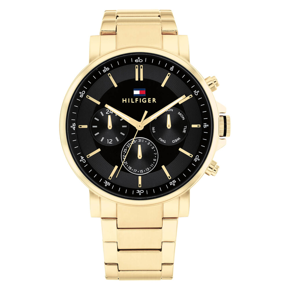 Tommy Hilfiger 44mm Chronograph Black Dial Yellow Gold IP Steel Bracelet Watch image number 0