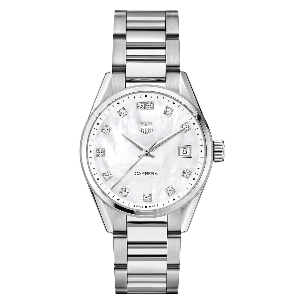 Pre-Owned TAG Heuer Carrera 36mm Quartz White Mother of Pearl Dial Steel Bracelet Watch image number 0