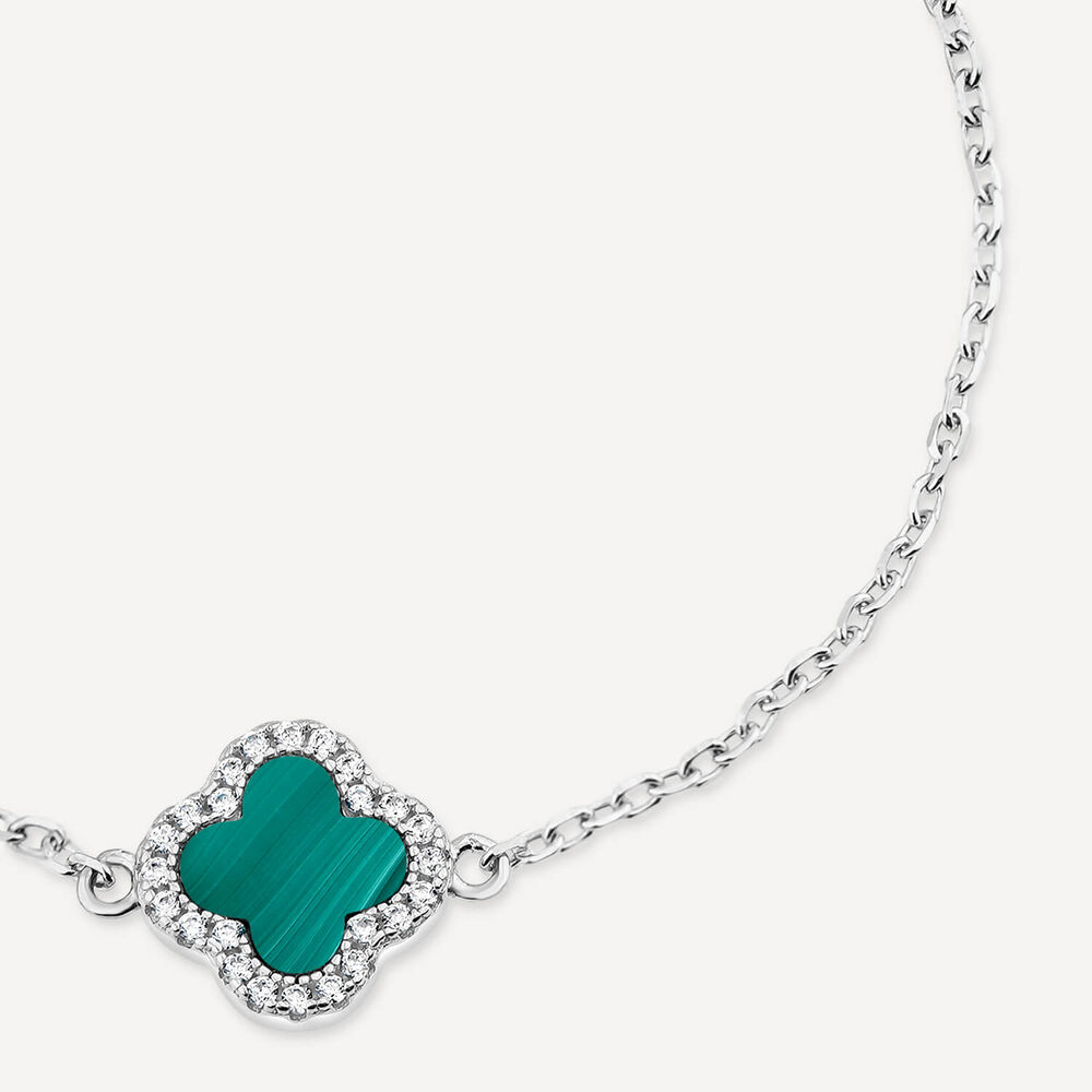 Sterling Silver Malachite & Cubic Zirconia Clover Petal Bracelet image number 1