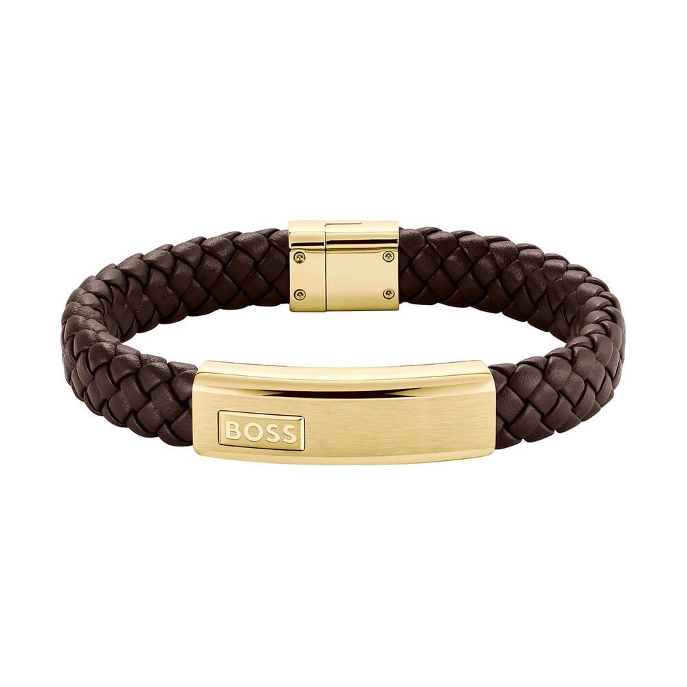 BOSS Lander Brown Leather Gold Tone Steel Plate Bracelet