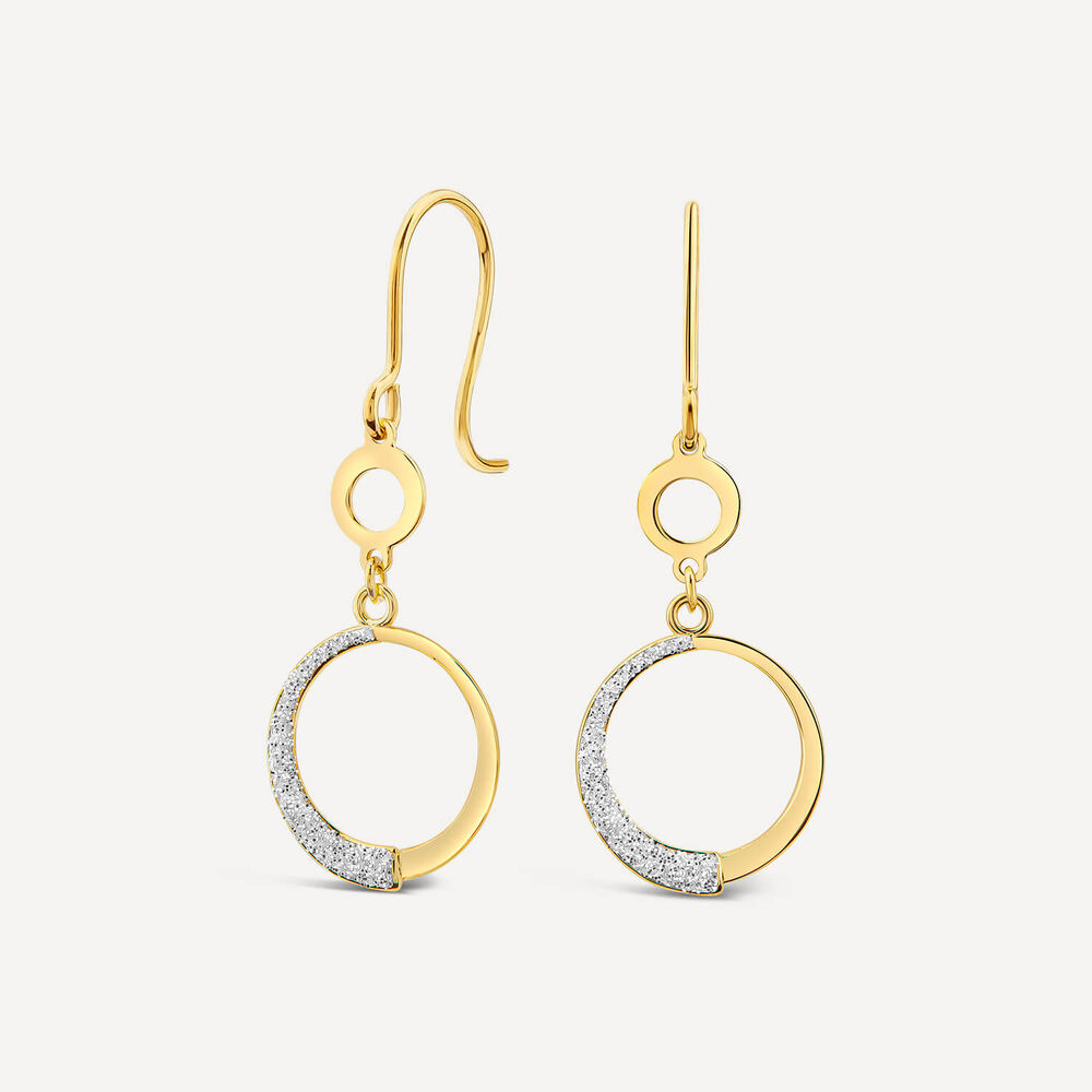 9ct Yellow Gold Half Glitter& Polished Round Disc Circle Drop Earrings