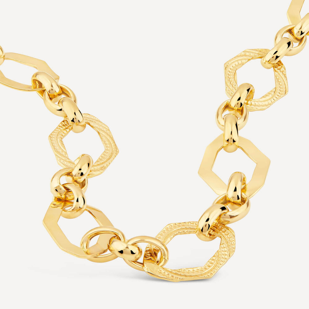 Yellow Gold Plated Sterling Silver Open Oblong Polished & Patterned Hexagons Necklet image number 2