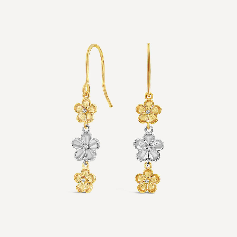 9ct White & Yellow Gold Cubic Zirconia Flower Drop Earrings