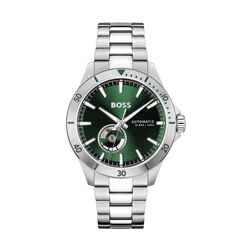 BOSS Troper Automatic 42mm Green Open Heart Dial Steel Bracelet Watch