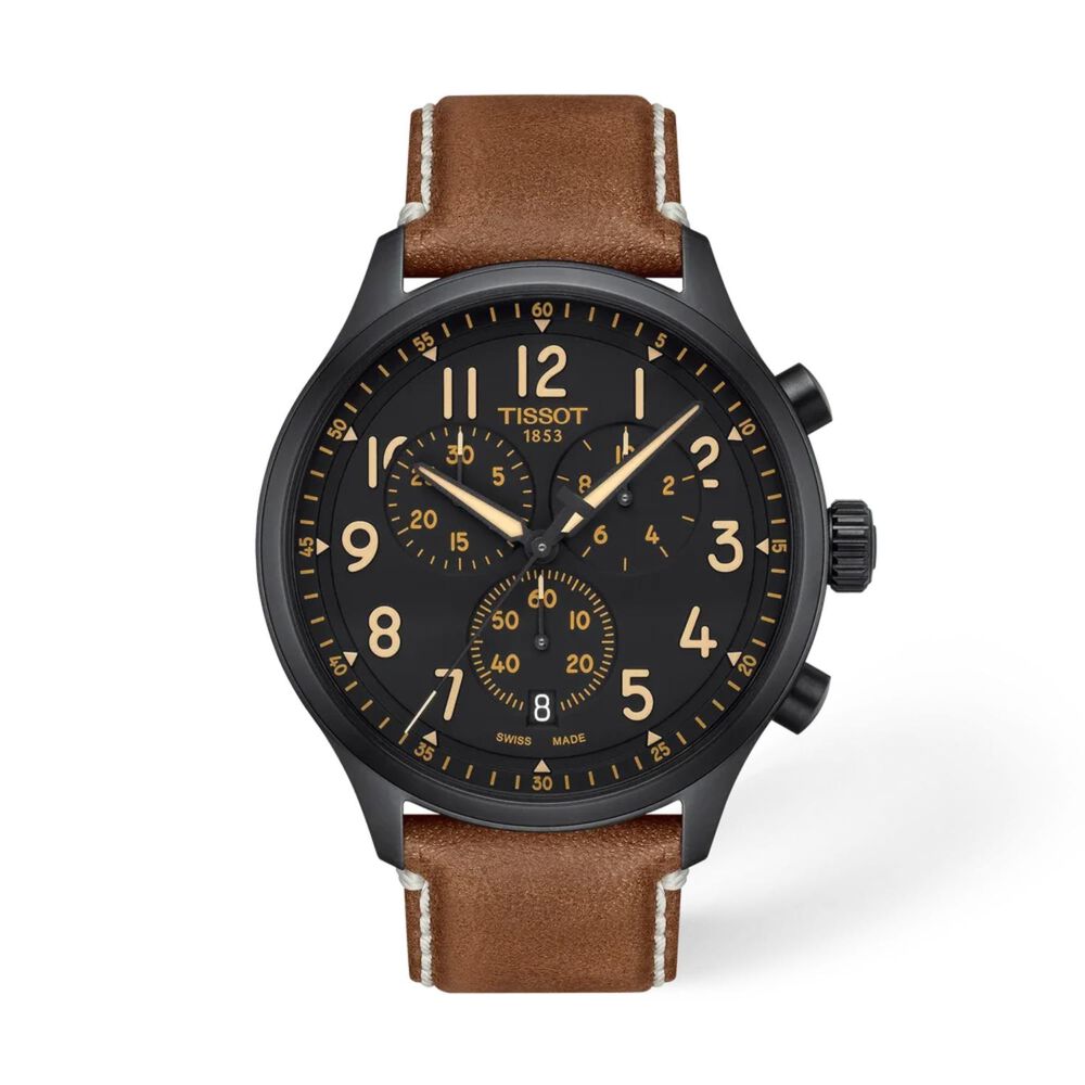 Tissot Sport Chrono XL 45mm Black Dial Brown Leather Strap Watch