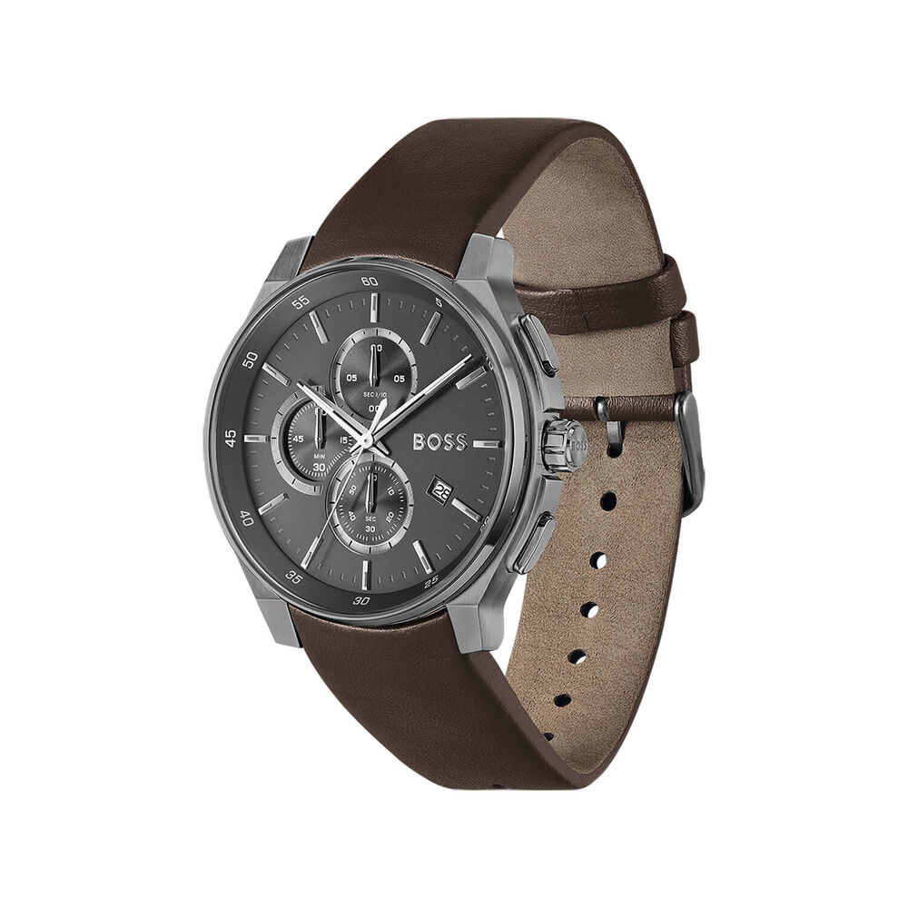 BOSS Peak 2.0 Chronograph 45mm Grey Matte Dial Brown Leather Strap Watch image number 1