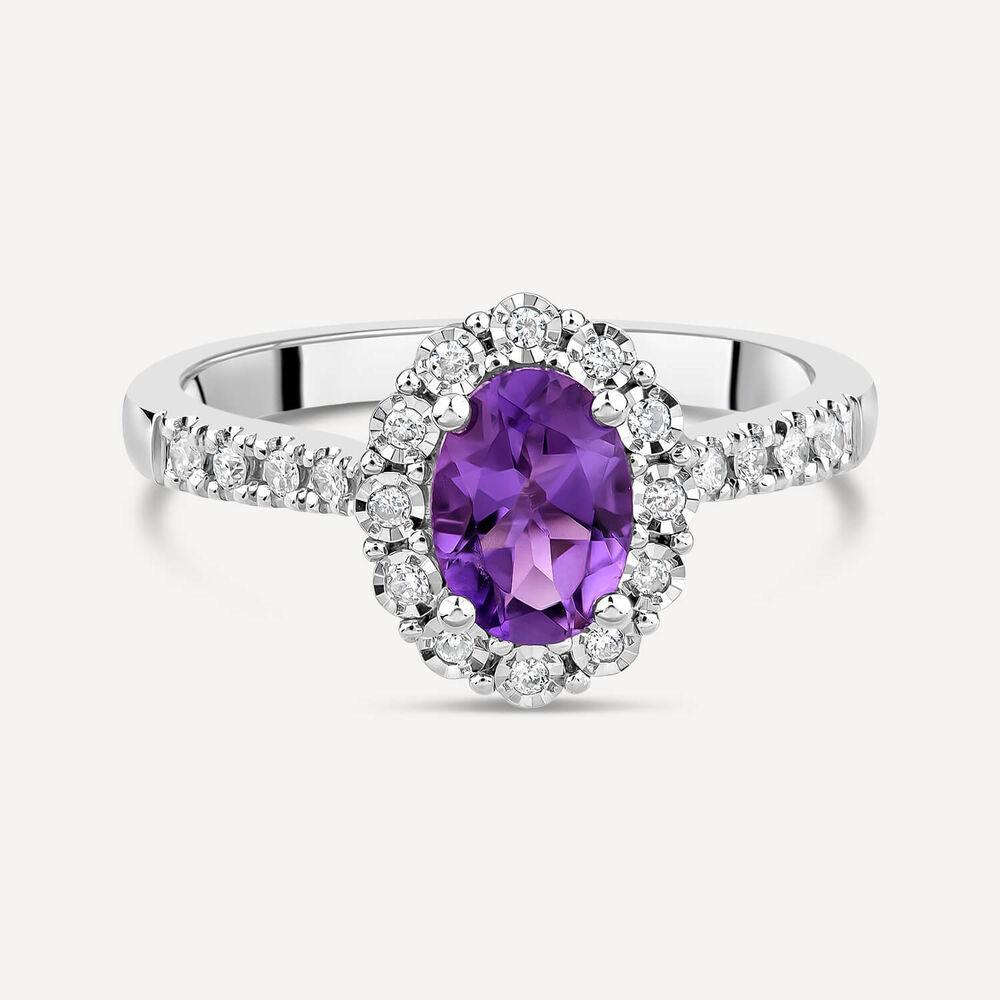 9ct White Gold Oval Amethyst 0.013ct Cluster Diamond Shoulders Ring image number 2