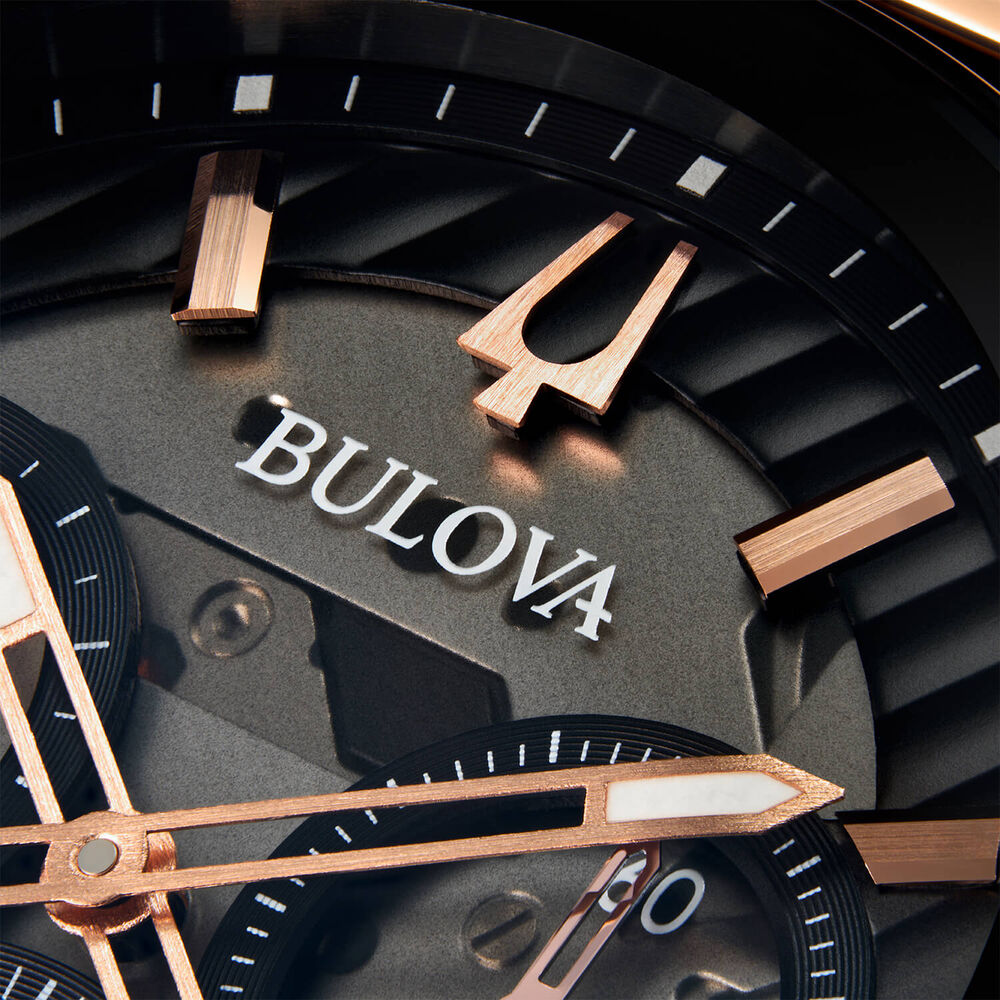 Bulova CURV 44mm Black Dial Rose Gold Tone Steel Case Rubber Strap Watch image number 7