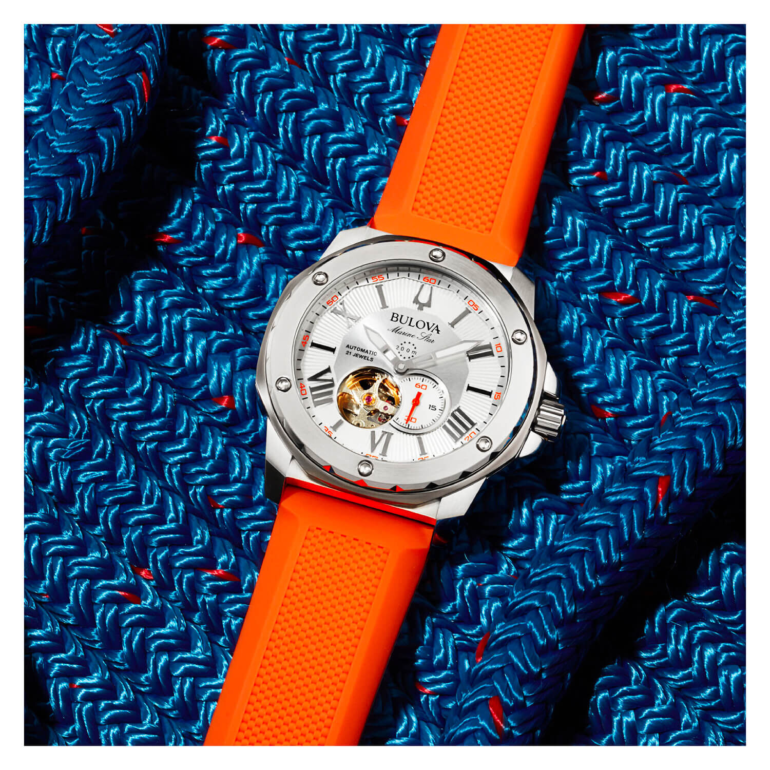 Men's automatic marine star blue silicone strap watch 45mm top