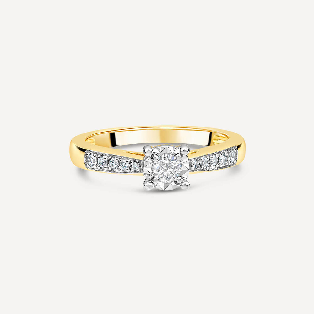 9ct Yellow Gold 0.17ct Diamond Illusion Solitaire Shoulders Ring image number 2