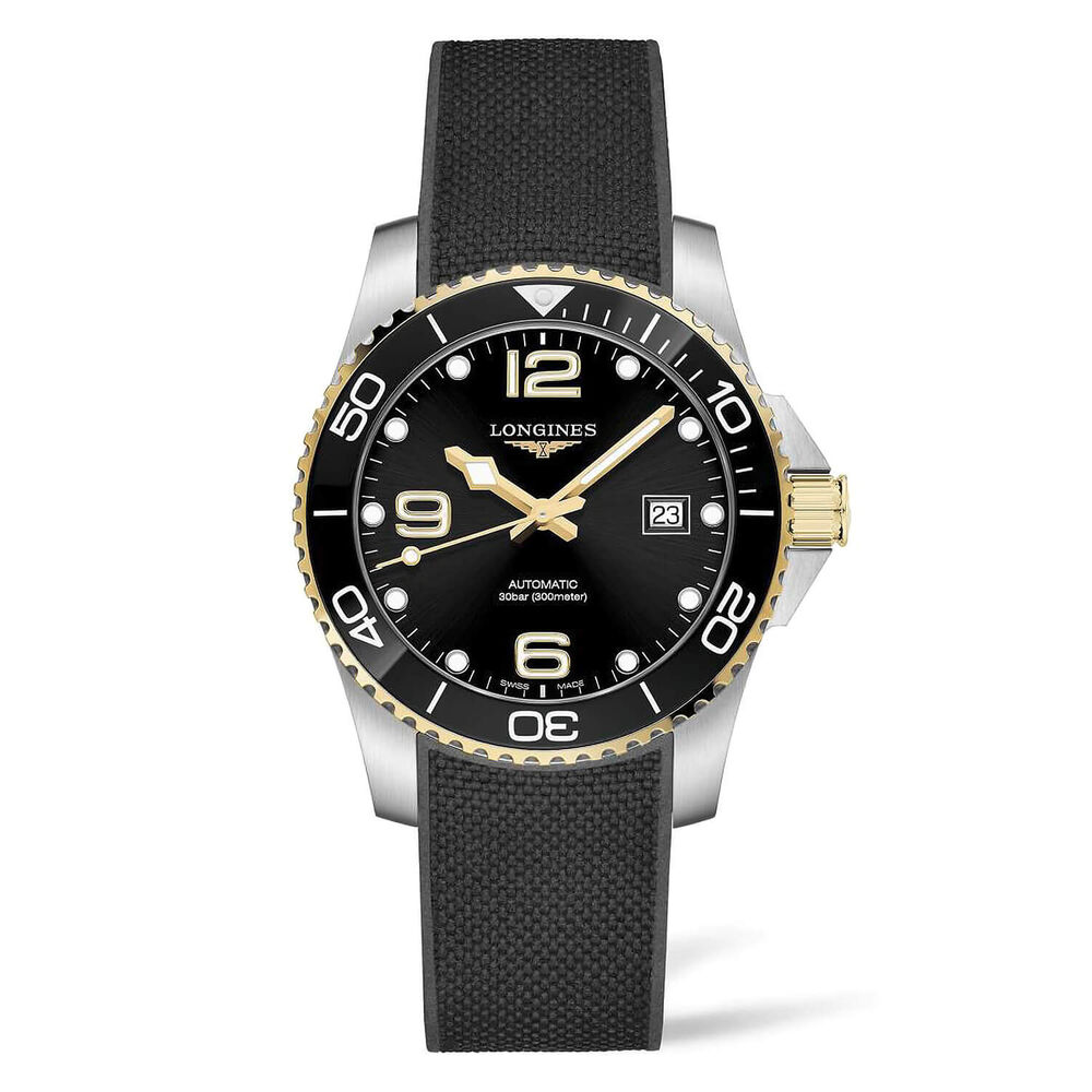 Longines HydroConquest 41mm Black Dial Yellow Gol & Steel Case Black Rubber Strap Watch image number 0