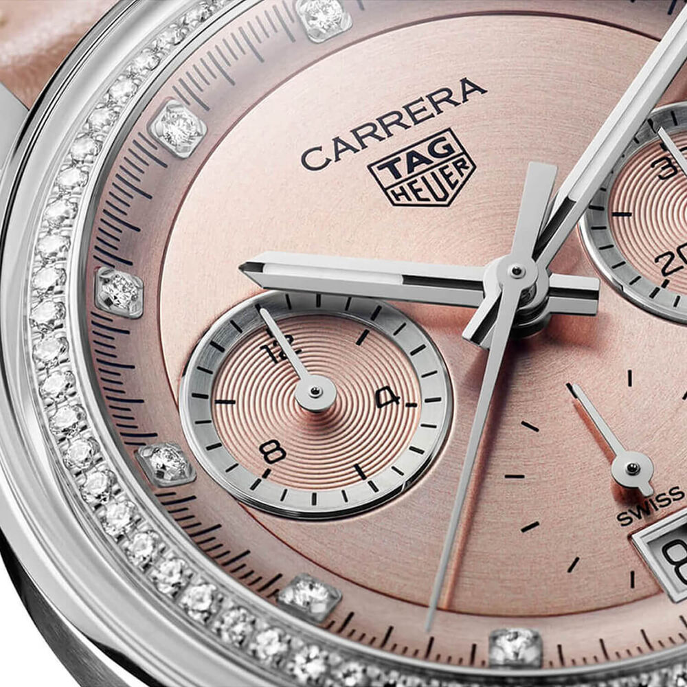 TAG Heuer Carrera Chronograph 39mm Pink Dial Diamond Dots Leather Strap Watch image number 3