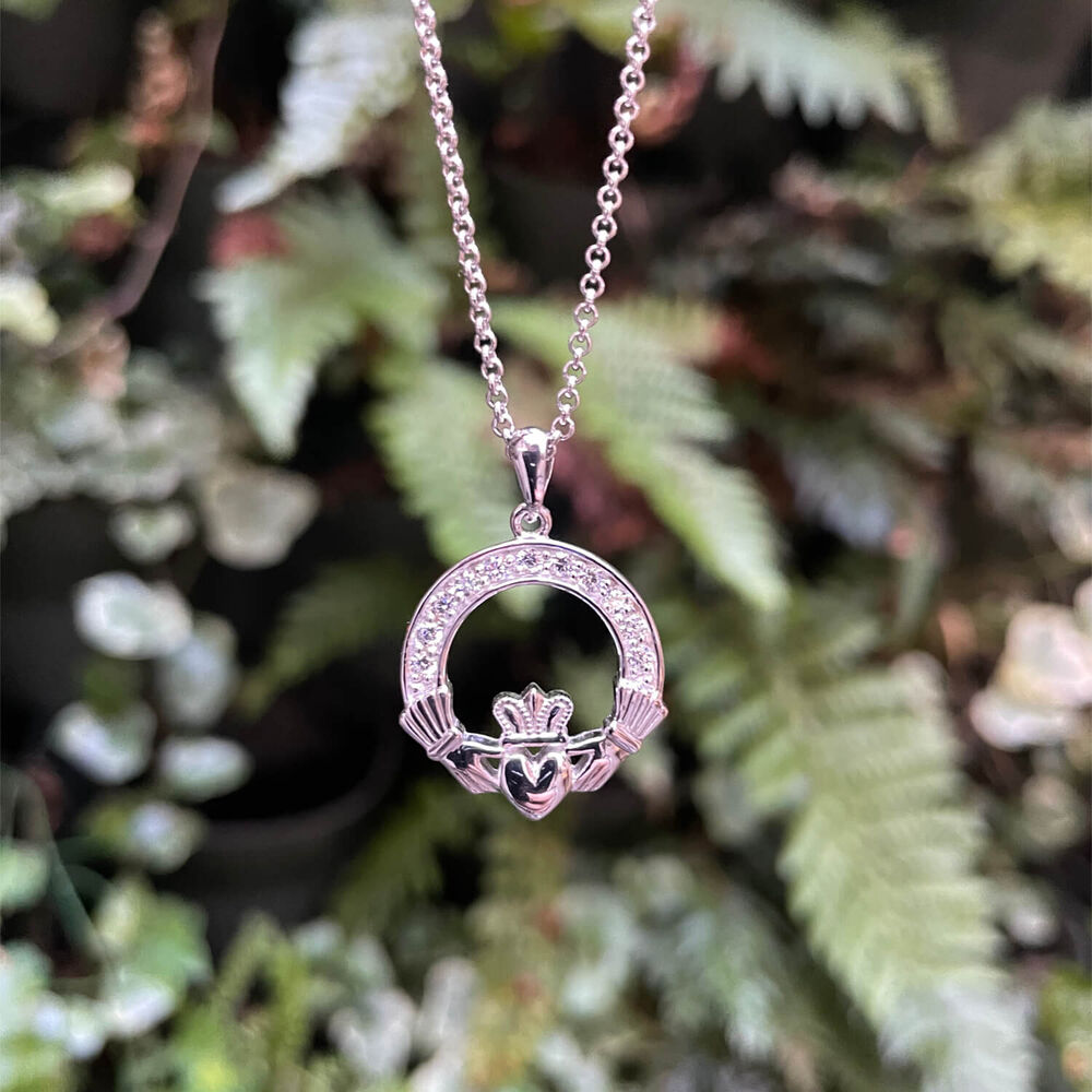 Sterling Silver April Birthstone Pave Cubic Zirconia Claddagh Pendant image number 1