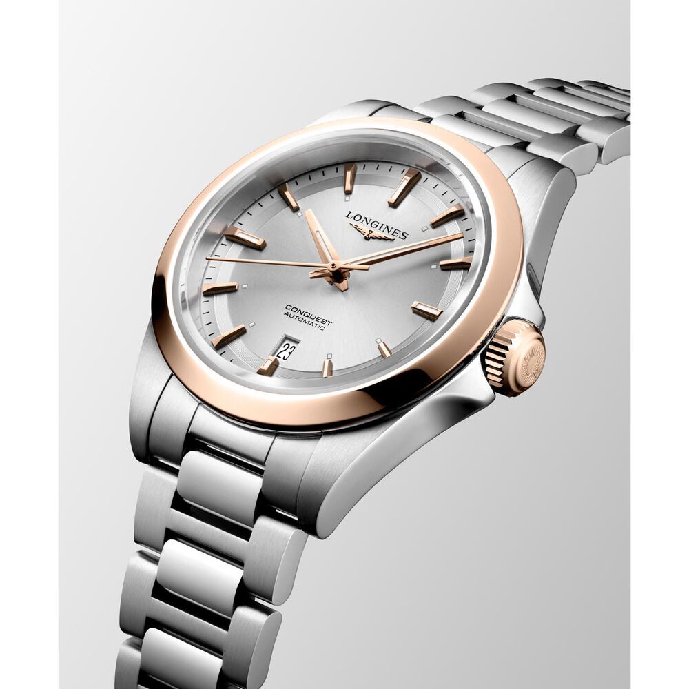 Longines Conquest 30mm Silver Dial 18ct Rose Gold Bezel Steel Bracelet Watch image number 2