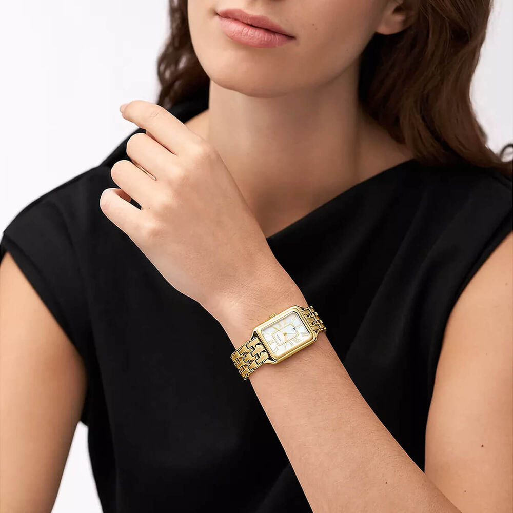 Fossil Raquel 26mm Rectangular Pearlised Dial Yellow Gold IP Case & Bracelet Watch image number 3