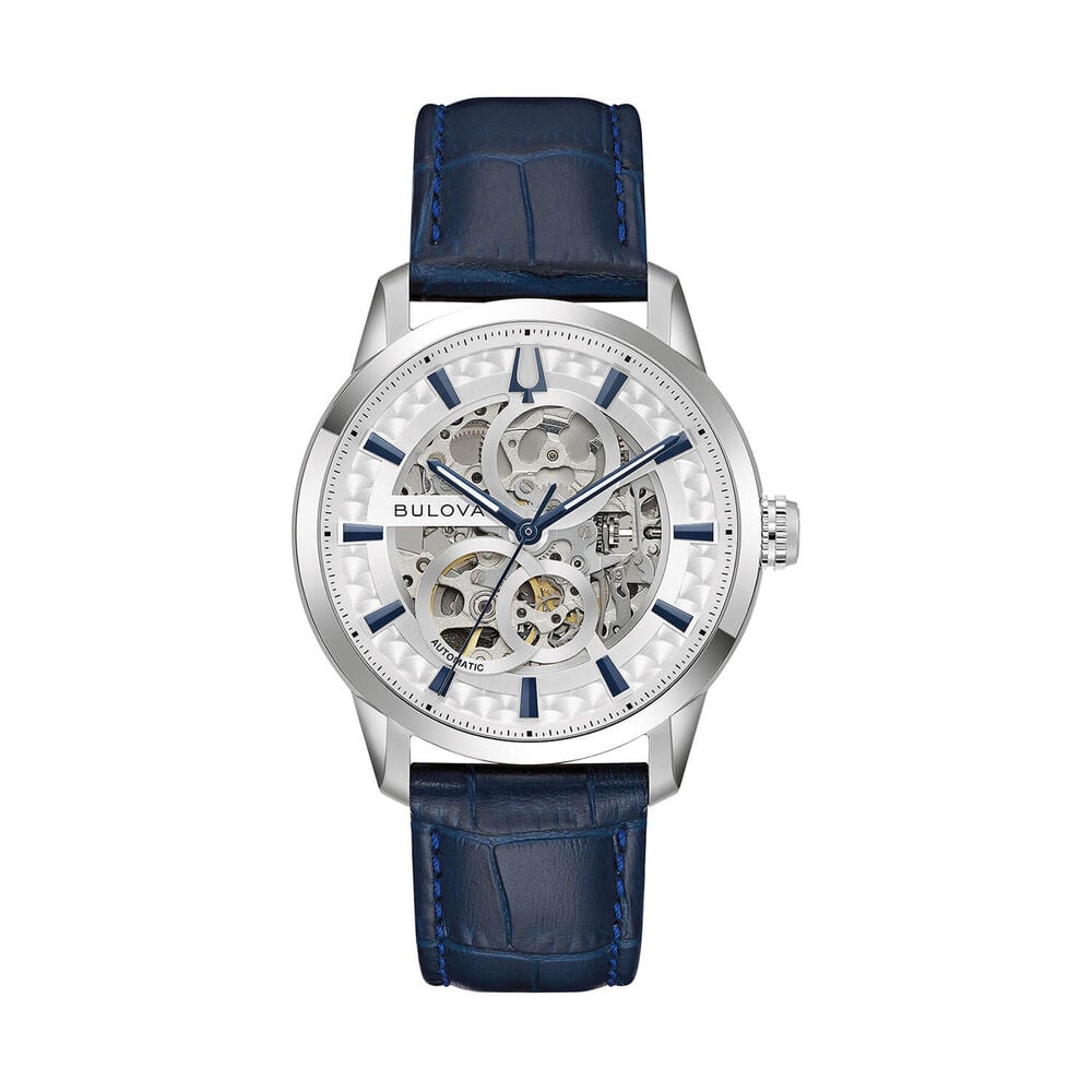 Bulova Sutton Automatic 40mm Silver Skeleton Dial Blue Leather Strap Watch image number 0