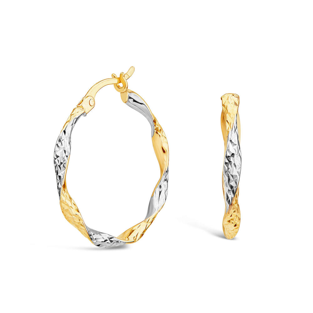 9ct Yellow & White Gold 20mm Diamond Cut Twist Hoop Earrings image number 0