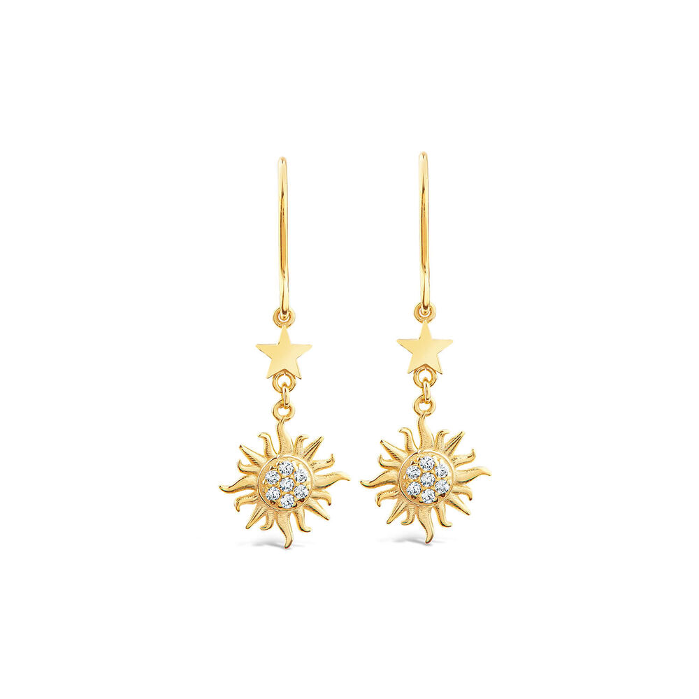 9ct Yellow Gold Cubic Zirconia Sun & Moon & Star Drop Earrings