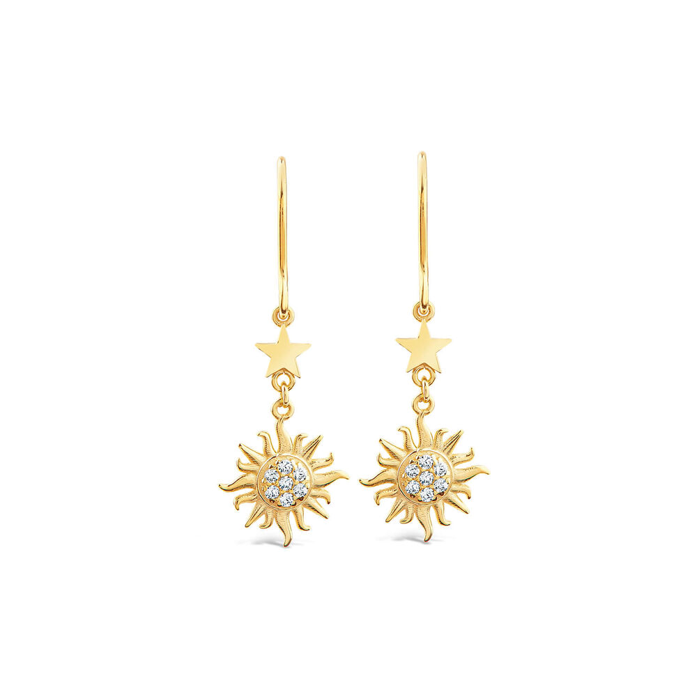 9ct Yellow Gold Cubic Zirconia Sun & Moon & Star Drop Earrings