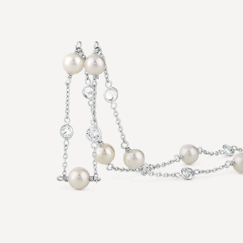 Sterling Silver Pearl and Rubover Cubic Zirconia Chain Necklet image number 1