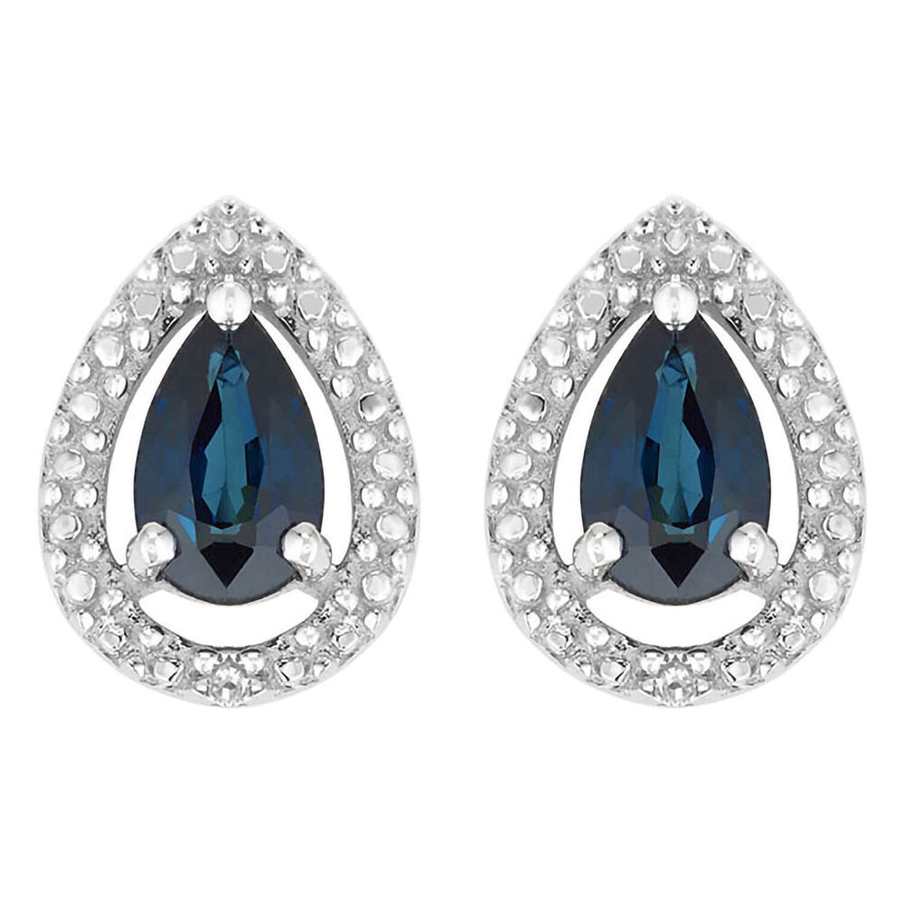 Ladies 9ct White Gold Created Sapphire and Diamond Pear Earrings image number 0