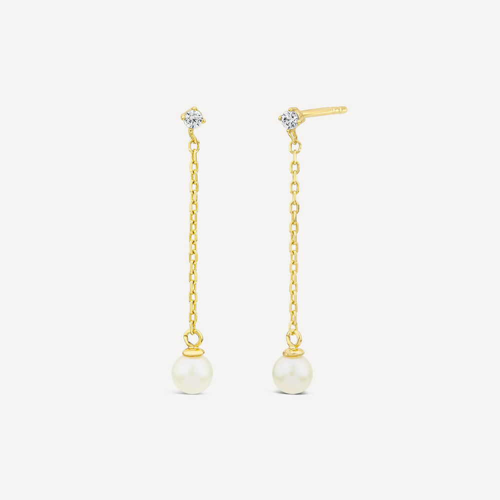 9ct Yellow Gold Cubic Zirconia Top & Chain Pearl Drop Earrings image number 1