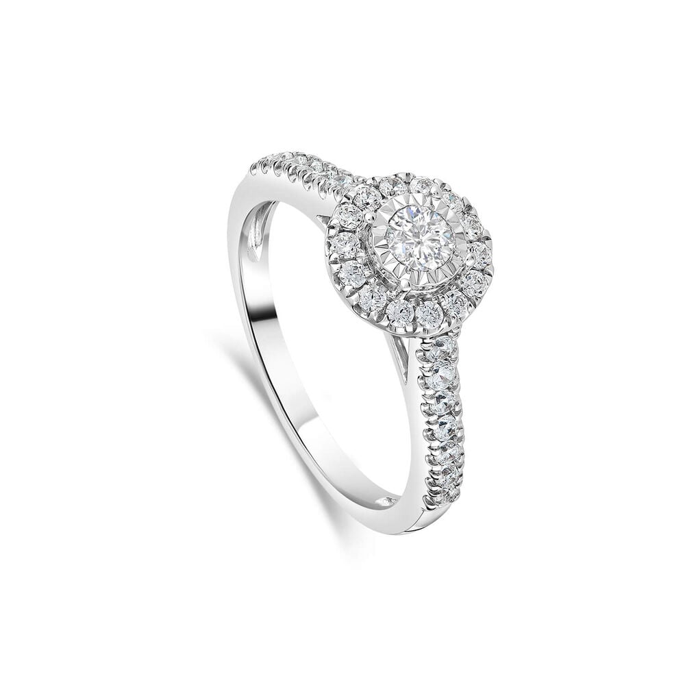 18ct White Gold Illusion Set 0.50ct Diamond Halo and Shoulders Ring