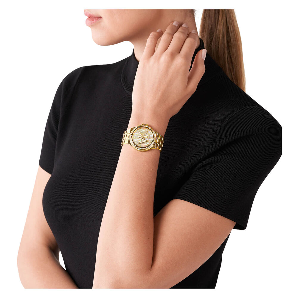 Michael Kors Lennox 37mm MK Cubic Zirconia Set Dial Yellow Gold IP Case Bracelet Watch